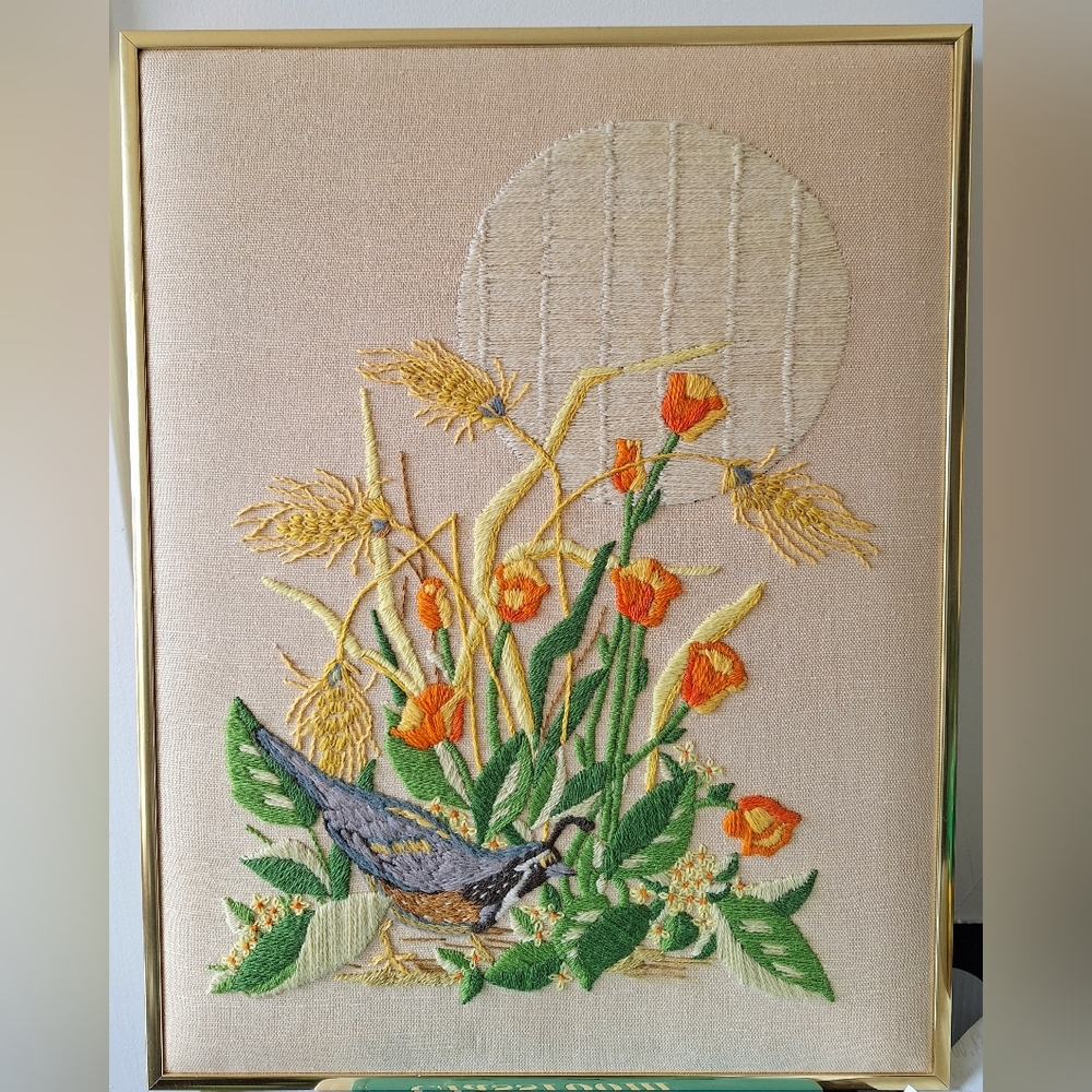 Intricate Large Bird in Nature Framed Embroidered Art